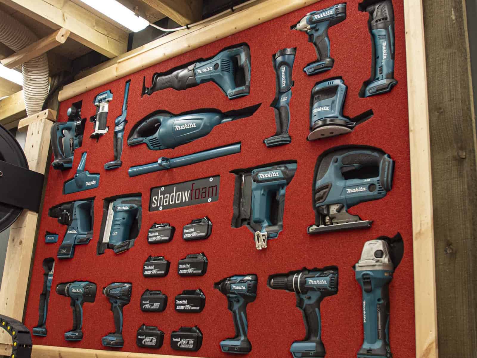 In this picture, we have used our shadow foam original which can be cut out to organise your tools, but in this picture we have used it as a power tool wall storage. The power tools are perfectly fitted into the foam for wall storage, which is fantastic for organisation. In the picture we have chosen Makita tools to add to our wall. 