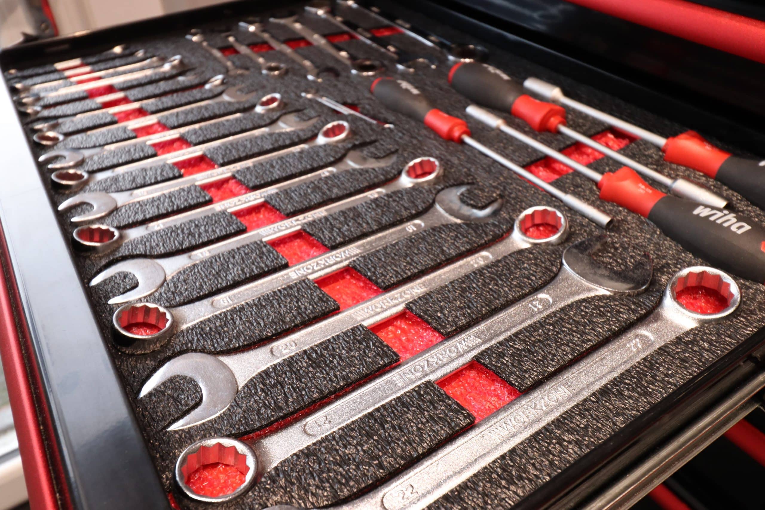 A different angle of the previously organised sealey roll cab tool box with spanners - the tools are perfectly organised in shadow foam easy peel