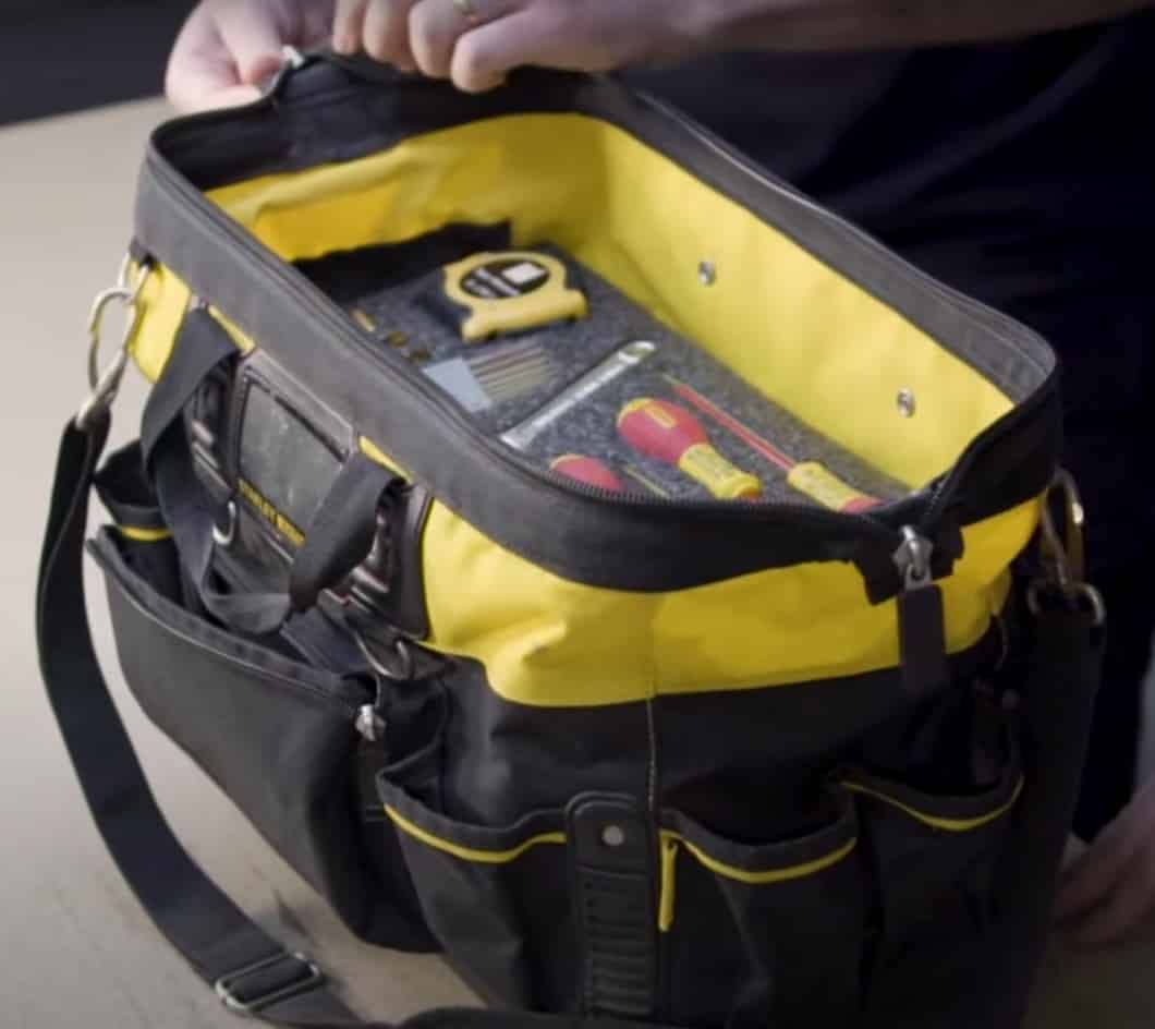The yellow and black Stanley tool bag looks professional and organised with the foam layers stacked inside giving it strength and structure