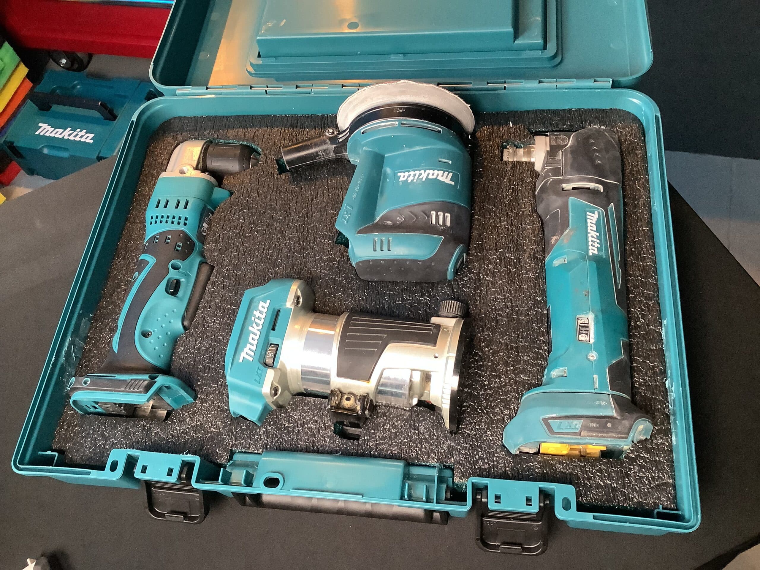 the teal Makita briefcase tool container has been adapted to house a custom made foam insert into which our power tools can be fit for safe storage