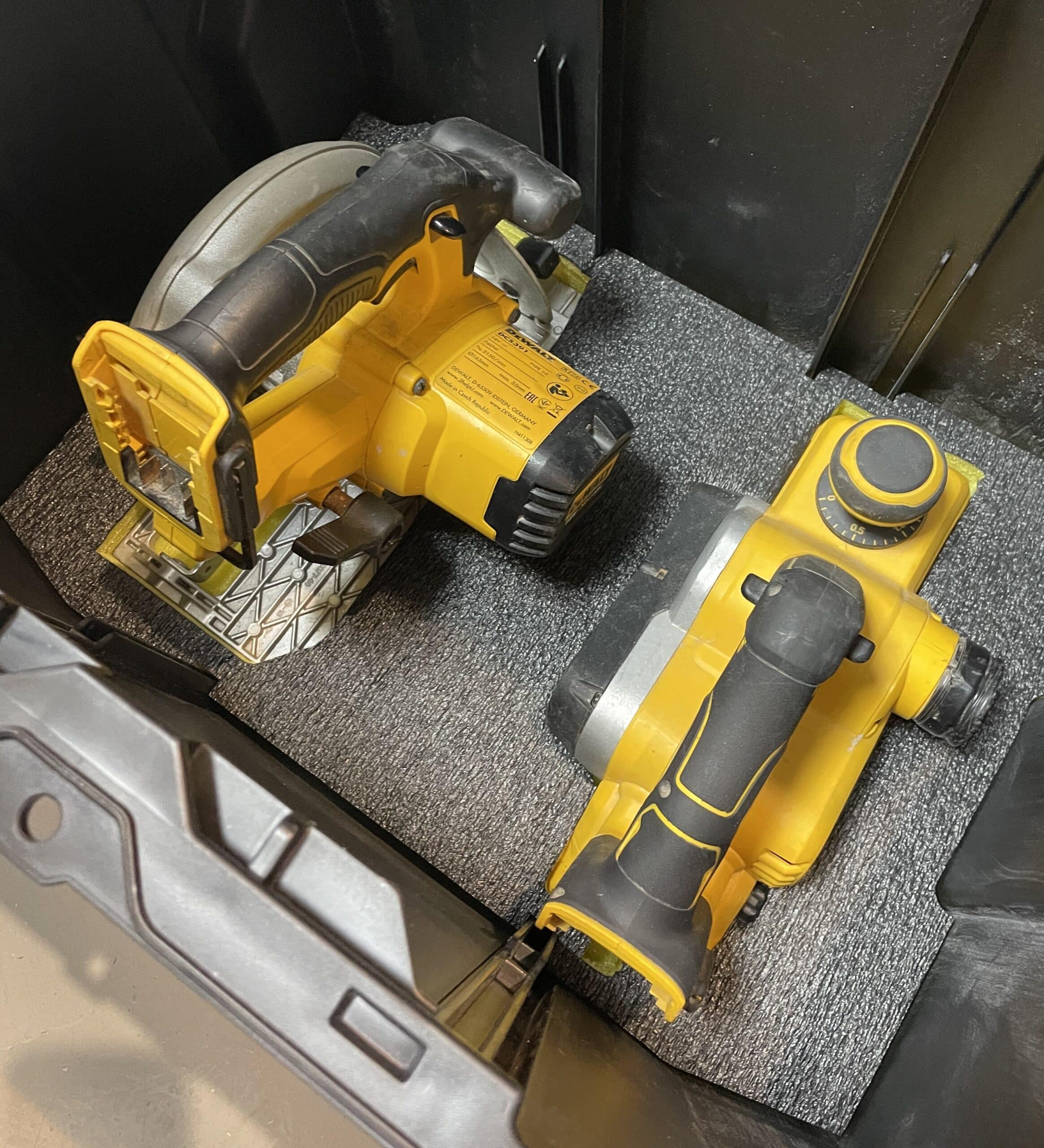 A shadow foam Dewalt Tough System 2.0 organiser is perfectly shaped to fit the profile of the box